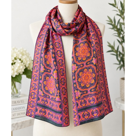 Source Unknown Accessories - VTG Handwoven 100% Pure Silk Scarf India Pink Orange Black Mandala Paisley Wrap